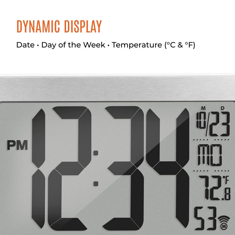 MARATHON Atomic Wall Clock with Stand, Black Frame/Stainless Steel Finish - Large, 9-Inch Display - AM/PM or 24-Hour Time Format, Eight Time Zones & Indoor Temperature - Two AA Batteries Included - Image 4